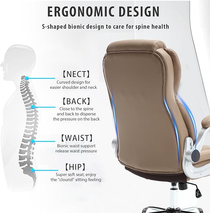Leather Executive Office Chair, High Back Ergonomic Office Desk Chairs with Wheels, 90-120° Rocking Managerial Home Computer Chairs with Flip up Arms and Lumbar Support(Light Brown)