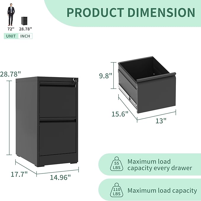File Cabinet, Vertical File Cabinets with Lock for Home Office,Heavy Duty Office Steel Filing Cabinet for Hanging Letters/Legal/A4, Assembly Required (Black, 2 Drawers)