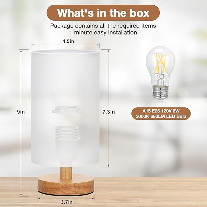 Small Table Lamp for Bedroom - Inline Control, Bedside Lamp with 3000K A15 LED Blub, Easy Assembly (White Shade - Wood Base, 9" Inline Control)