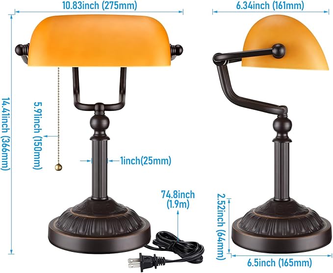 TORCHSTAR Bankers Desk Lamp with Pull Chain Switch, Amber Glass Shade Desk Lamps, Bronze Base, UL Listed, E26 Base, Vintage Library Lamp for Office, Study Room(Matted Orange)