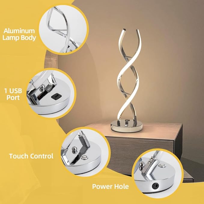 LED Modern Table Lamp, Stepless Dimmable Spiral Table Lamps for Bedroom, 3 Colors Touch Control Bedside Nightstand Lamp with 1 USB Charging Ports, Desk Lamps for Living Room Office (Silver)