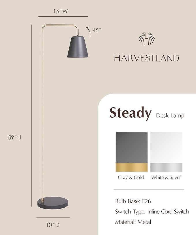 HarvestLand Steady Brass Floor Reading Lamp – Adjustable Standing Lamp with Solid Base, Reading Lamps Floor Standing, Grey Reading Floor Lamp for Living Room or Over Chair Use