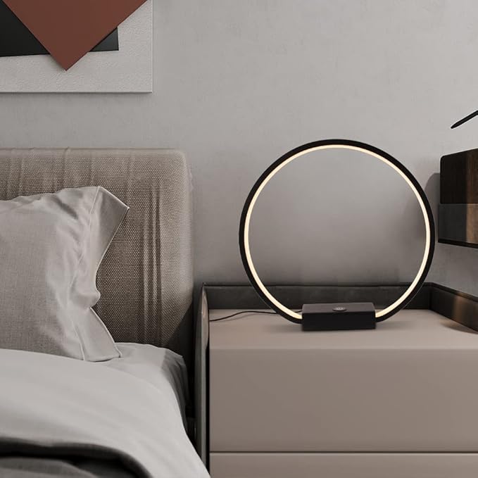 LED Circle Table Lamp Touch Control 3-Way Dimmable Bedside Nightstand Lamp with USB Port Modern Tabletop Lamps, 12W 3000K Warm Light, Desk Lamp for Bedroom Living Room, Black