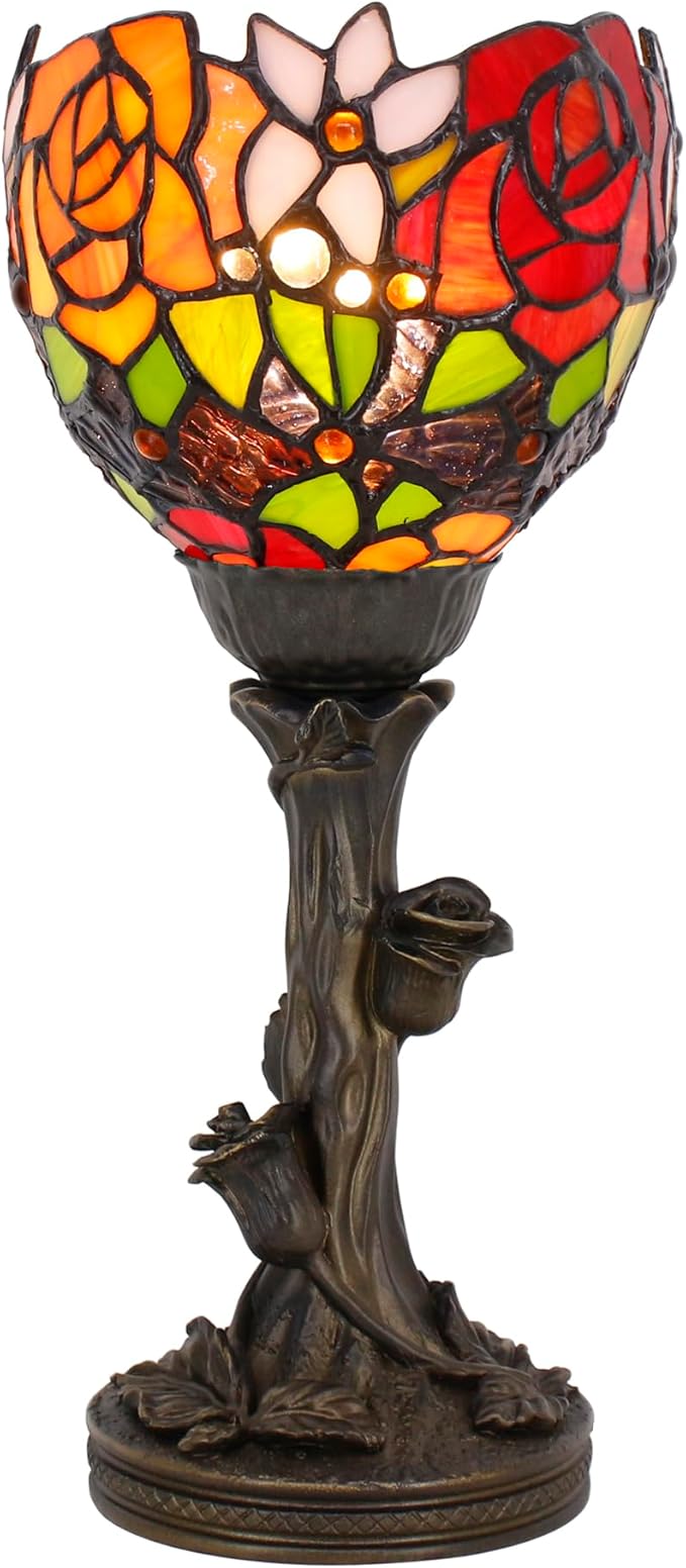 Small Tiffany Lamp Mini Stained Glass Table Lamp Red Rose Accent Desk Uplight W6H 13.5 Inch Bronze Resin Base