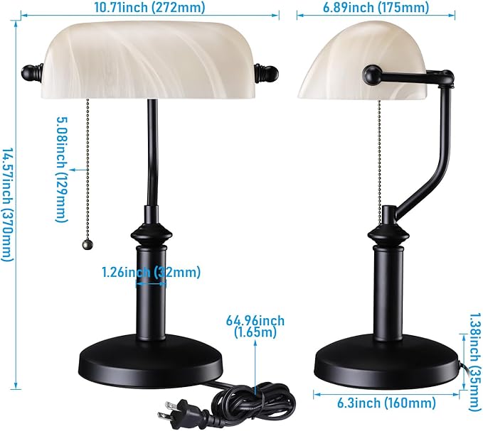 TORCHSTAR Pale Yellow Glass Bankers Desk Lamp, UL Listed, Antique Desk Lamps with Uniquely Textured, Traditional Library Lamp with Pull Chain, E26 Base, Desk Lamp for Office, Study Room