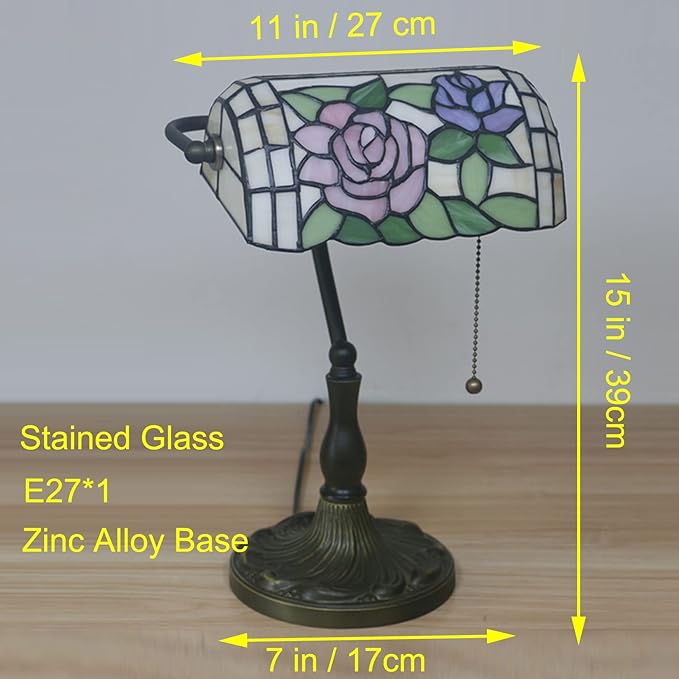 Tiffany Style Pink Rose Stained Glass Banker Desk Lamp, 10.62" W x 15.35" H, E26 Base, LED, 40W Max, Painted Alloy Base, Not Water Resistant