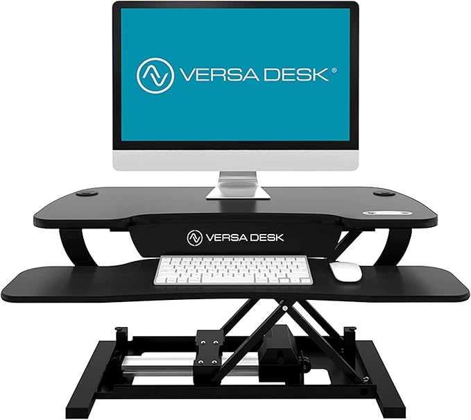 VERSADESK PowerPro™ Elite Electric Standing Desk Converter - App Controlled Desk Riser with USB Charging Port & LED Lights - Height Adjustable, Fully Assembled & Supports 80 lbs | Black (40” x 24")