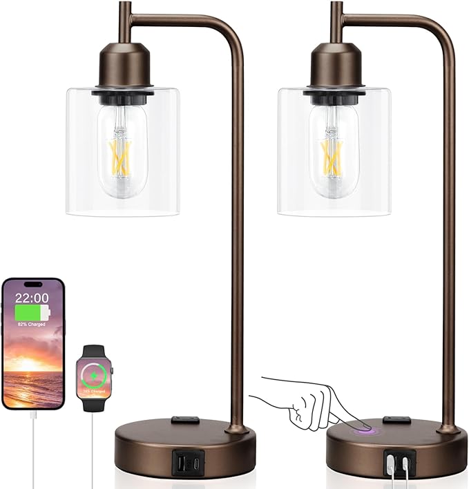 Innqoo Industrial Touch Table Lamps for Bedrooms Set of 2-3-Way Dimmable Lamps with USB C+A Ports and Outlet, Brown Bedside Lamps with Clear Glass Shade for Living Room, Desk Lamps for Home Office