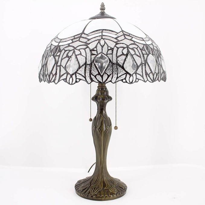 WERFACTORY Tiffany Style Table Lamp White Stained Glass Crystal Bedside Lamp 16X16X24 Inch Desk Reading Light Metal Base Decor Bedroom Living Room Home Office S508W Series
