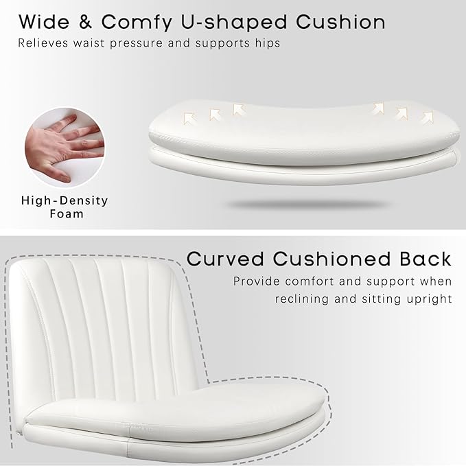 PUKAMI Criss Cross Chair with Wheels,Armless Cross Legged Office Desk Chair,PU Leather Modern Swivel Height Adjustable Wide Seat Computer Task Vanity Chair for Home Office(White)