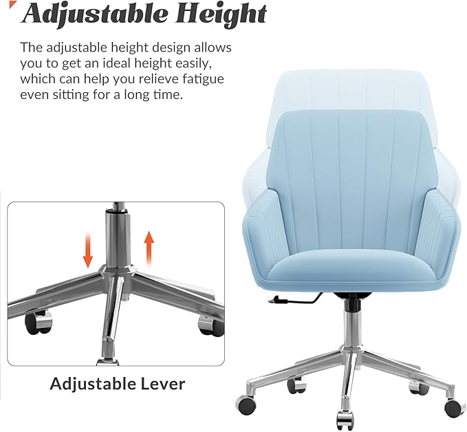 YISHENG Velvet Office Desk Chair with Silver Base, with Wheels,Modern Height Adjustable 360 Degree Swivel Upholstered Vanity Chairs with Arms for Living Room Bedroom,Light Blue