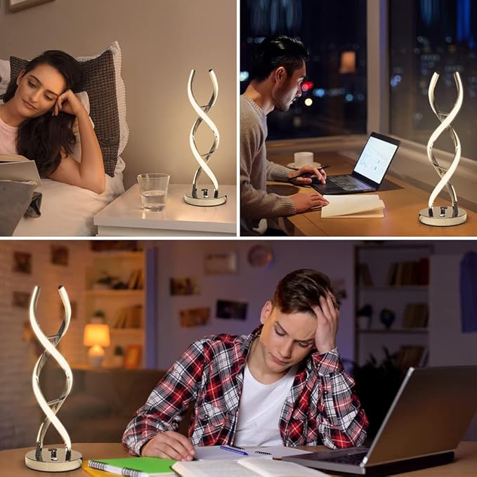 LED Modern Table Lamp, Stepless Dimmable Spiral Table Lamps for Bedroom, 3 Colors Touch Control Bedside Nightstand Lamp with 1 USB Charging Ports, Desk Lamps for Living Room Office (Silver)