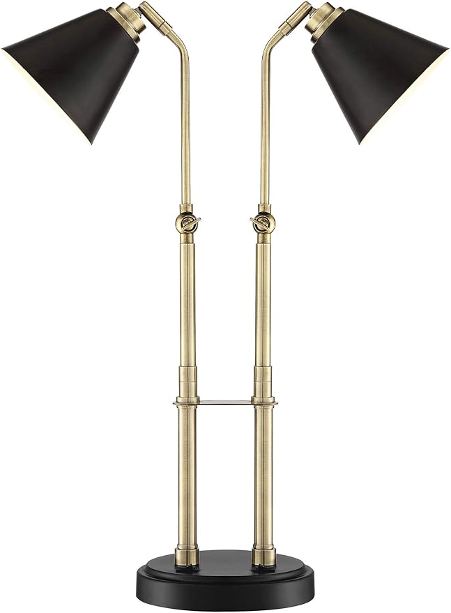 Possini Euro Design Sentry Mid Century Modern Desk Lamp 23" High with USB Charging Port Black Brass Gold Metal LED Adjustable Cone Shade for Living Room Bedroom House Bedside Nightstand Office