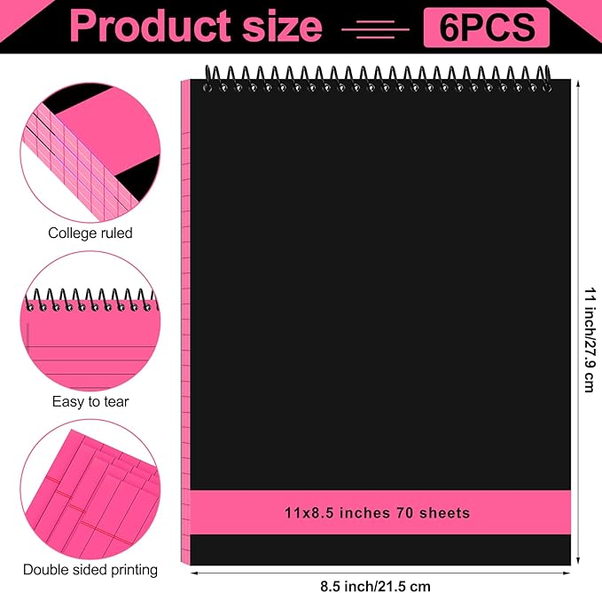 Resurhang 6 Pcs Legal Pad Top Spiral Bound Notebook 70 Sheets Wirebound Notepad Double Sided Ruled Memo Steno Pad with Stiff Back Cover for Business(8.5 x 11 Inches,No Holes,Bright Colors)