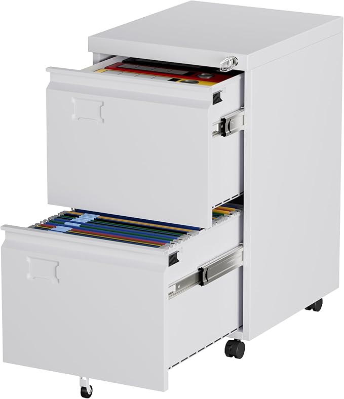Aobabo 2 Drawer File Cabinet with Wheels, Lockable Metal Filing Cabinet with Business Card Slot for Legal/Letter Size for Home Office, Required Assembled,White