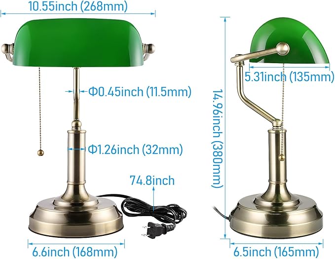 TORCHSTAR Green Glass Bankers Desk Lamp, UL Listed, Antique Desk Lamps with Brass Base, Traditional Library Lamp with Pull Chain, E26 Base, Vintage Desk Lamp for Office, Study Room