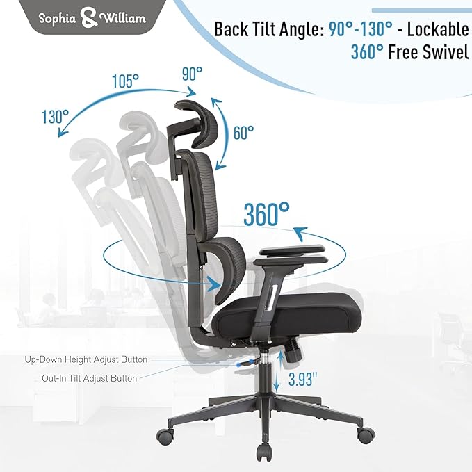 Sophia & William Ergonomic 3D Mesh Office Desk Chair High Back, 360° Swivel Rocking Executive Computer Chair with Height Adjustable Armrests, Lumbar Support and Headrest, Black, Load Capacity: 300 lbs