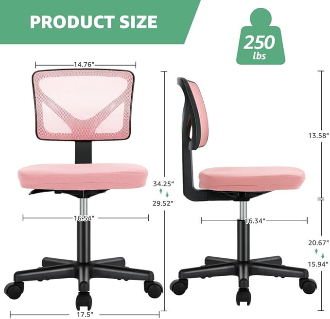 Armless Mesh Office Chair, Ergonomic Low Back Deskchair, Adjustable Rolling Task Computer Swivelchairs for Small Spaces Home Bedroom Study, Pink