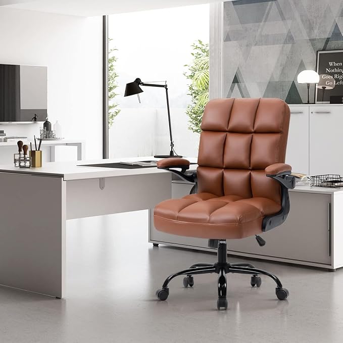 SEATZONE Executive Office Chair Small PU Leather Desk Chair with Wheels,Ergonomic Computer Swivel Rolling Task Chair with Back Support,Brown