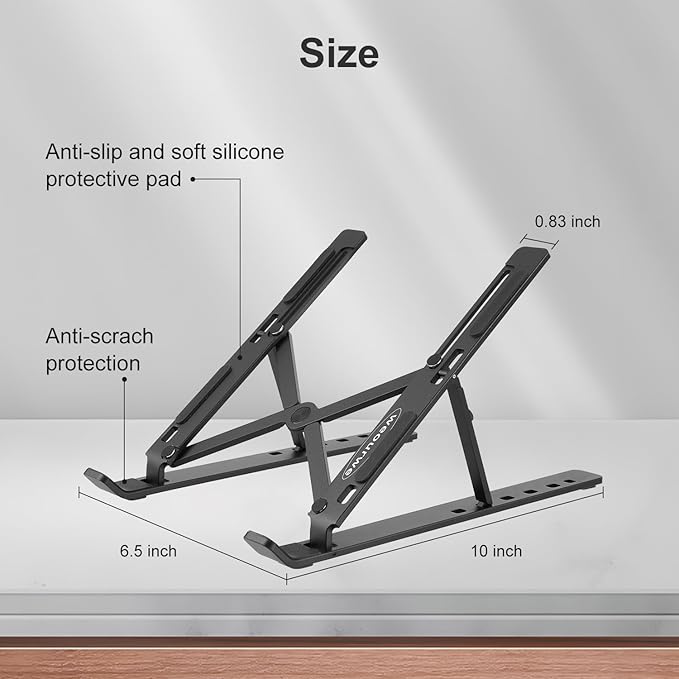 Ergonomic and Foldable Laptop Stand for Desk, Adjustable Riser, Fits All Laptops and Notebooks up to 17,Ultra-Thin,Ventilated Cooling,ABS+Silicone,Black.