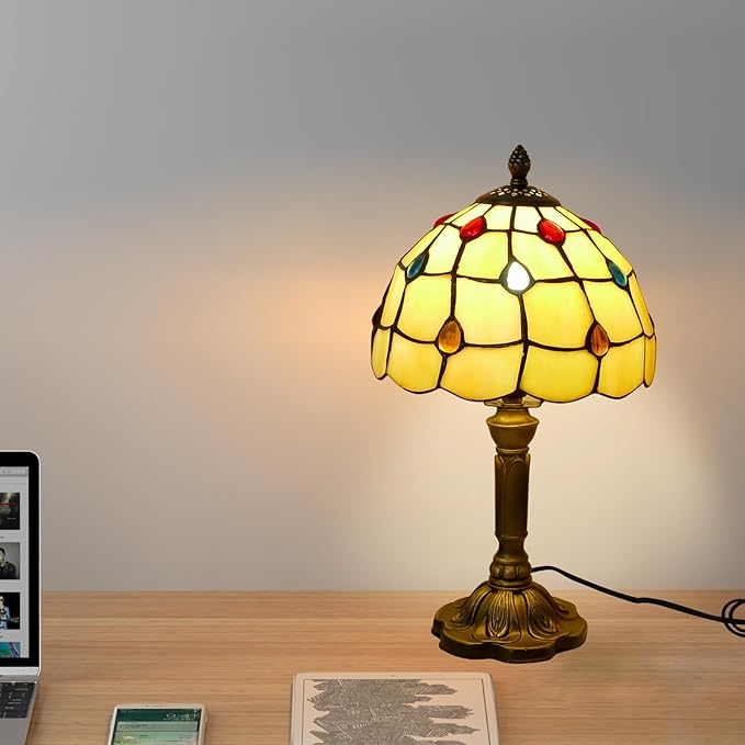 Tiffany Table Lamp - Beige with Colorful Beads, 14" Tall, 8" Wide Reading Lamp with Color Changing LED Bulb