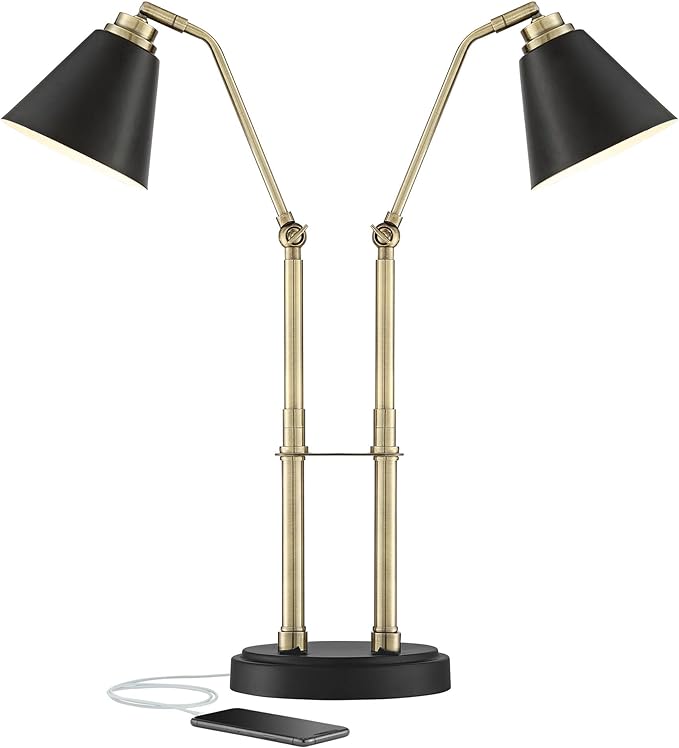 Possini Euro Design Sentry Mid Century Modern Desk Lamp 23" High with USB Charging Port Black Brass Gold Metal LED Adjustable Cone Shade for Living Room Bedroom House Bedside Nightstand Office