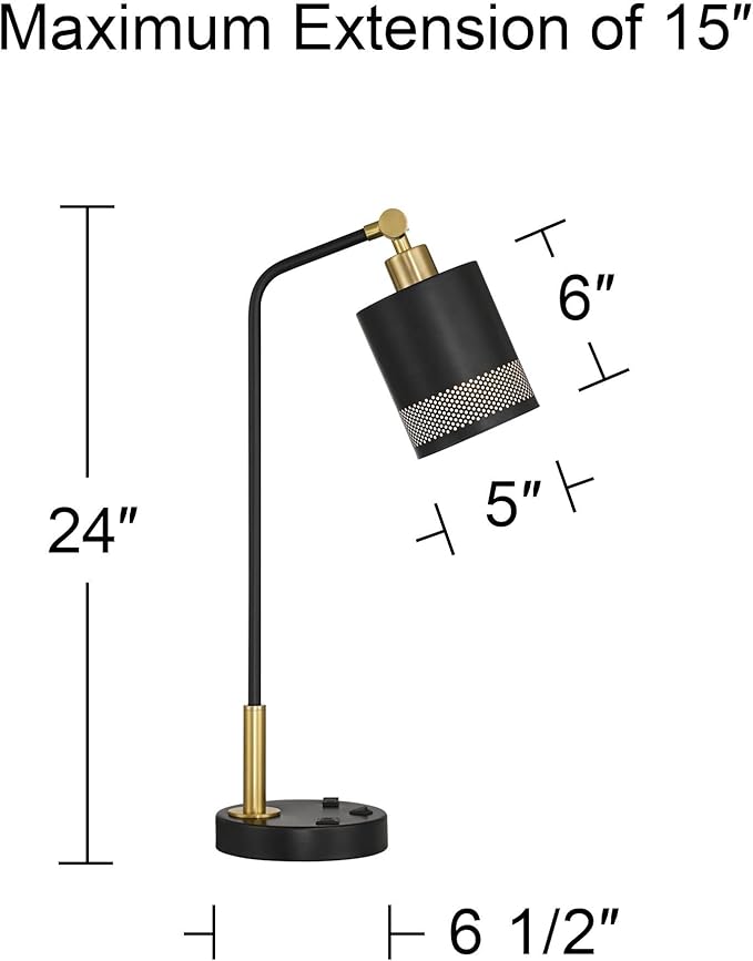 Possini Euro Design Keller 24" High Small Modern Desk Lamp USB Port AC Power Outlet Black Gold Brass Finish Metal Single Shade Home Office Living Room Charging Bedroom Bedside Nightstand House