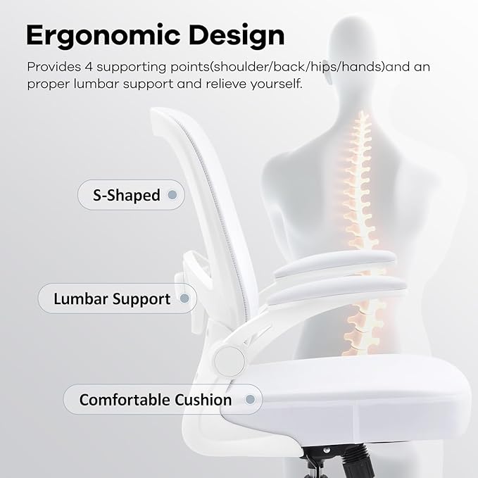 Office Chair,Ergonomic Desk Chair with Adjustable Lumbar Support, Mesh High Back Computer Chair with Flip-up Armrests,Rocking Tilt Rolling Swivel Executive Chair for Home Office White