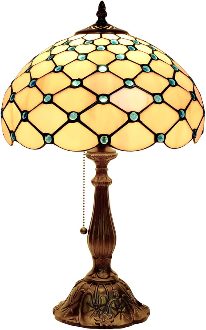Tiffany Lamp Vintage White Grey Stained Glass Bead Table Lamp Desk Bedside Reading Light Decor Bedroom Living Room Home Office D12*H18 Inches