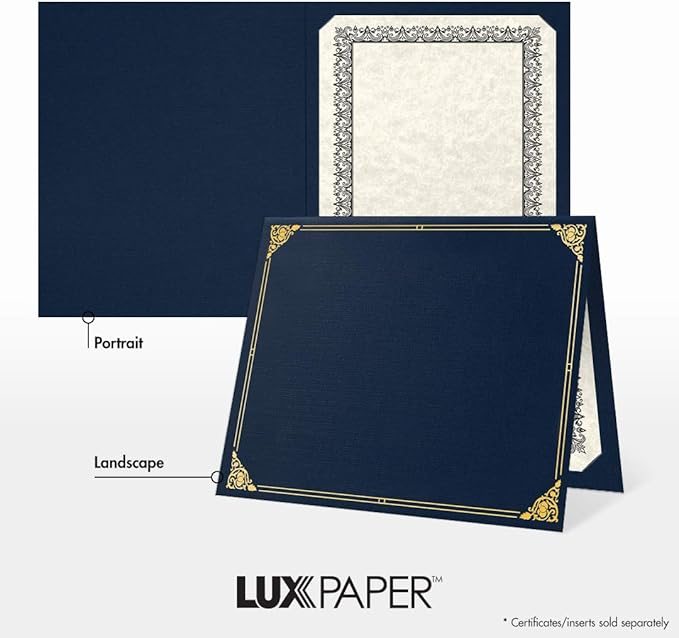 LUXPaper 9.5" x 12" Certificate Holders | Nautical Blue Linen | Embossed Silver Foil Floral Border | 100lb. Cover | 50 Qty