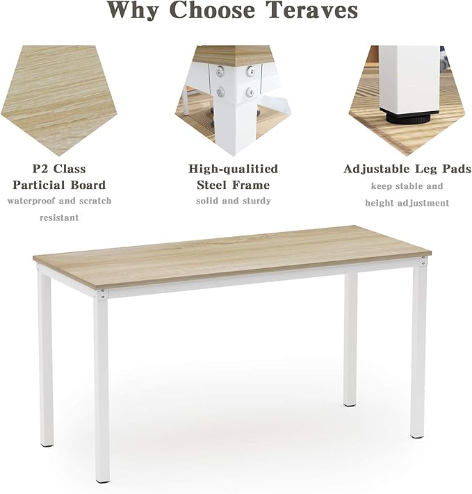 Teraves Computer Desk/Dining Table Office Desk Sturdy Writing Workstation for Home Office (39.37“, Beige + White Frame)