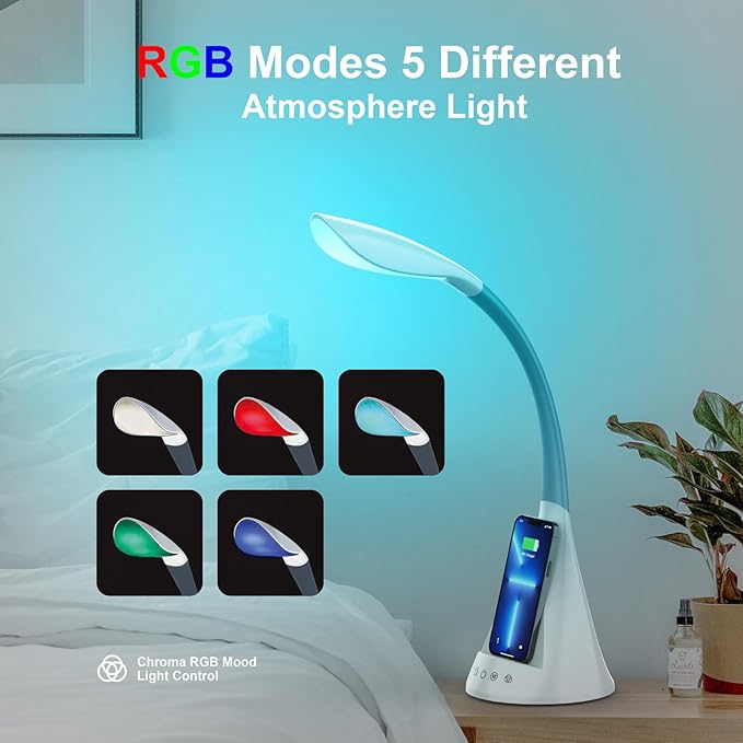 LED Desk Lamp with Wireless Charger, Modern Eye-Caring Dimmable Light for Home Office & College Dorm with 3 Color Modes, 5 Brightness, Touch Control, Adjustable Gooseneck, RGB & Night Light, White