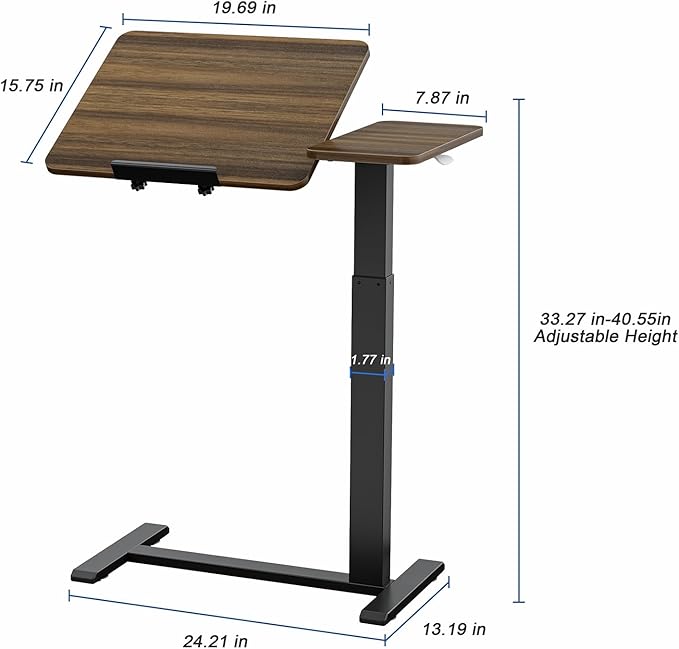 Ywin Medical Adjustable Tilt Overbed Bedside Table with Wheels, Swivel Portable Tray Table(27.6" W x 15.8" D), Small Standing Desk for Bedroom, Hospital, Couch, Office Use,Black Walnut