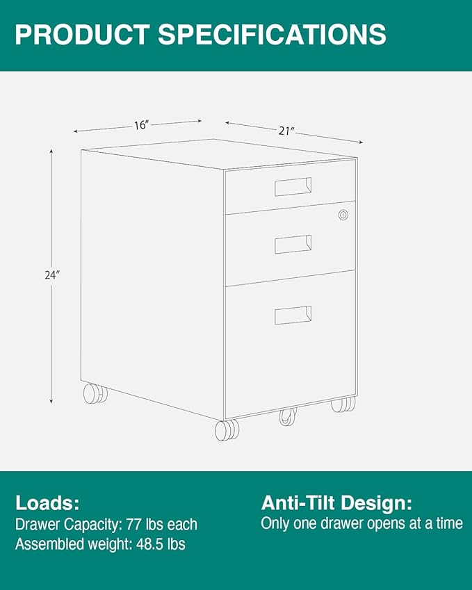 Teno 3 Drawer File Cabinet with Lock - Under Desk Metal Filing Cabinet, Legal/Letter File Folders, Wheels, Fully Assembled, White/Gray