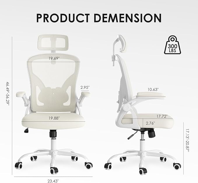 Farini Ergonomic Office Chair, Home Office Desk Chair with Headrest, High Back Computer Chair with Armrests and Adjustable Lumbar Support for Home Office Study Room, White & Beige