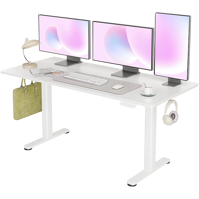 INNOVAR Electric Standing Desk, Adjustable Height Stand up Desks, 63 x 24 Inches Sit Stand up Desk for Home Office Computing, 3-Preset Memory Height Ergonomic Rising Desks, White