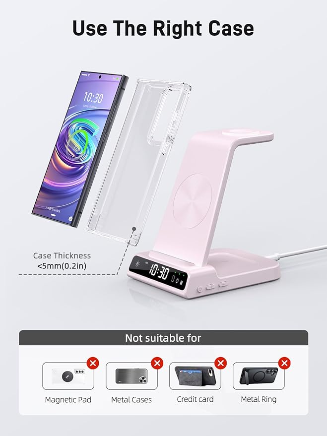 Wireless Charger for Samsung Charging Station, 3 in 1 Android Phone Charger for Samsung Galaxy S25 Ultra/S24 Ultra/S23/Z Fold7/Flip7, Galaxy Watch 8/8 Classic/Ultra/7/6/5, Galaxy Buds 3 Pro/3(Pink)