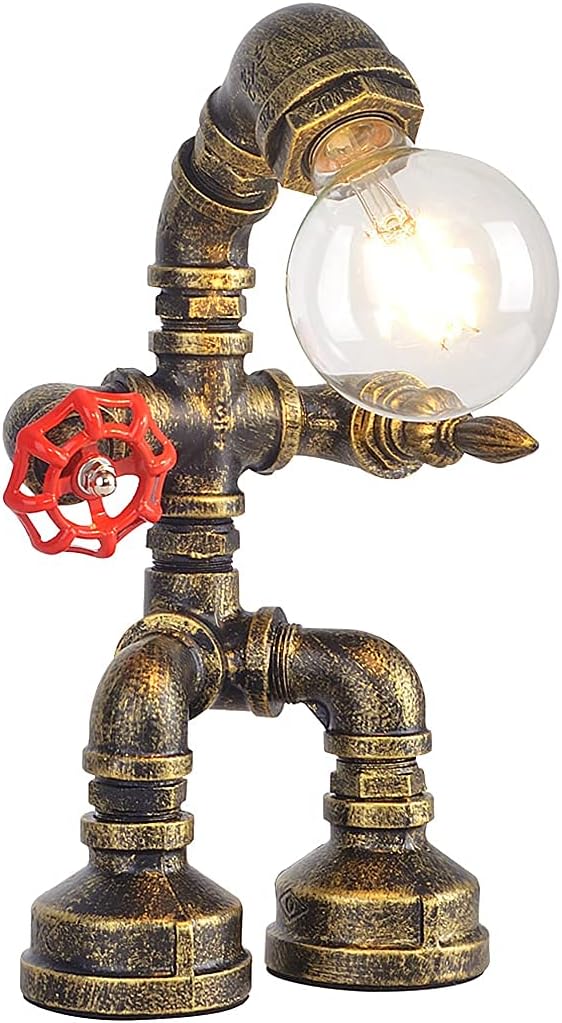 Water Pipe Table Lamp Robot Style- Retro Industrial Table Light- Antique Steampunk Metal Desk Lamp Bedside Lighting Fixture for Office, Reading Kids Room, Cafe Bar (Bronze-Style A)