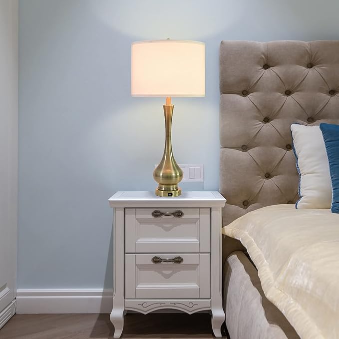 Touch Lamp for Bedrooms Set of 2, 3-Way Dimmable Nightstand Lamp Sets with Linen Fabric Shade, Bedside Lamp with USB Port & E26 Socket, Modern Tall Table Lamp for Bedroom, Living Room, Office