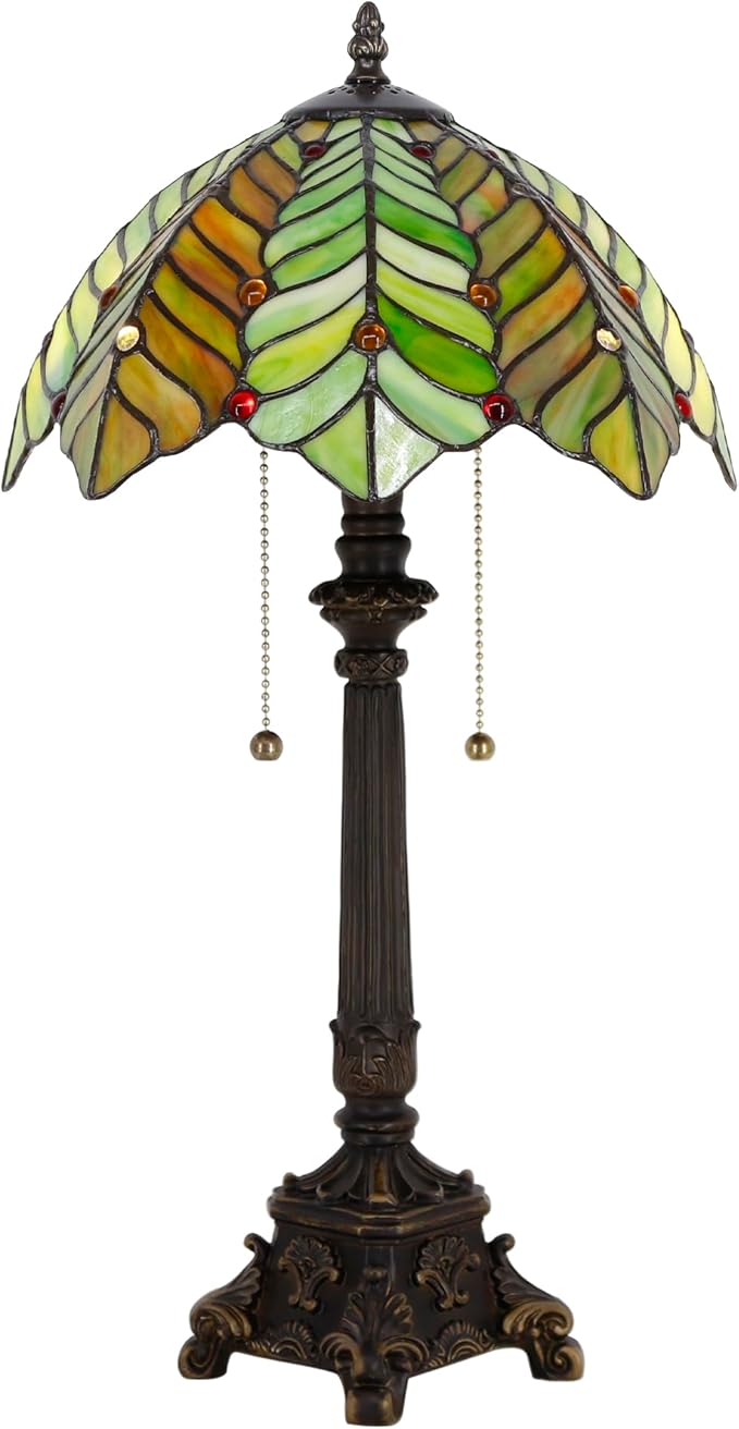 Tiffany Table Lamp Brown Green Leaf Style Stained Glass Desk Lamp 12X12X21 Inches Reading Light