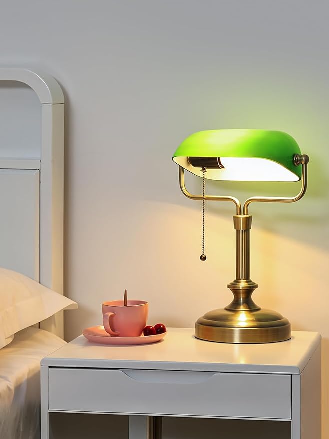 Traditional Banker's Desk Lamp with Glass Shade,Pull Chain Switch, LED Bulb Included (Antique Bronze+Green)