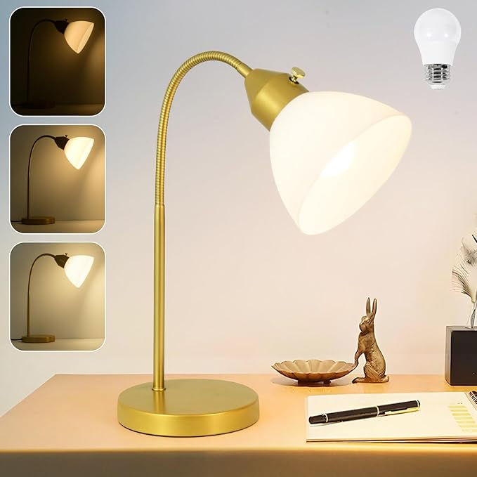 LED Desk Lamp for Home Office, 3 Levels Dimmable Reading Light, Flexible Gooseneck Table Lamp for Bedside Office, Rotary Switch Control, Desk Lamp for College Dorm Study Lamp, Bulb Included, Gold
