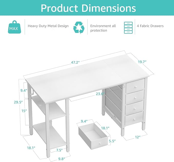 Lufeiya White Desk with Drawers & Storage Shelves, 47 Inch Study Work Writing Desk for Home Office Bedroom, Simple Modern Cute PC Computer Desks Table, White