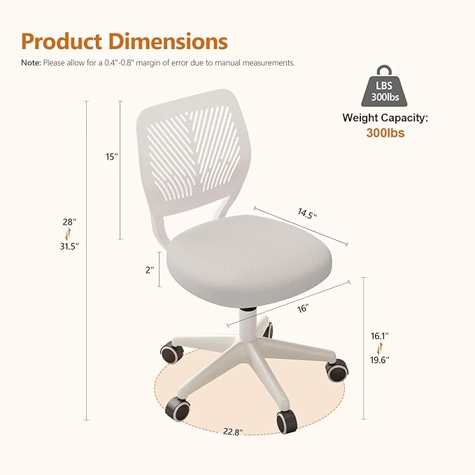 Armless Desk Chair, Height Adjustable Swivel Office Rolling Task Chairs with Soft Mesh Padded Cushion, Ergonomic Small Study Computer Chair for Girls Boys Teens (White, 4PCS)