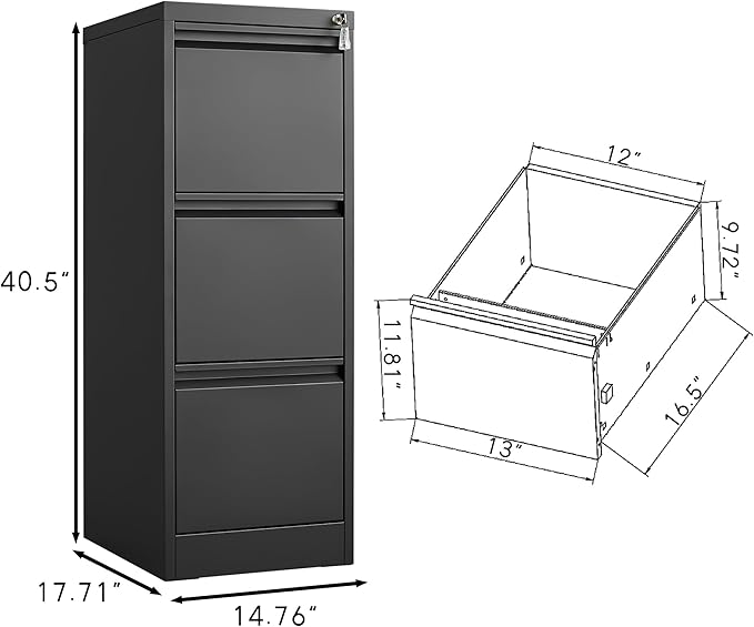 3 Drawer File Cabinet with Lock,Heavy Duty Vertical Filing Cabinets for Home Office, File Storage Cabinet for Letter/Legal/A4/F4 Size File,Assembly Required