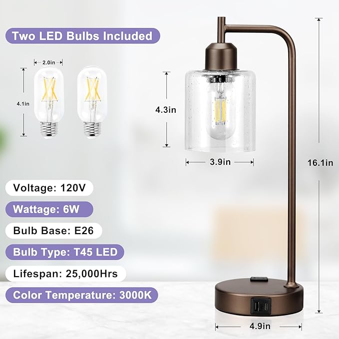 Innqoo Industrial Touch Table Lamps - 3-Way Dimmable Desk Lamps Set of 2 with USB C+A Ports and Outlet, Brown Bedside Lamps with Clear Glass Shade for Living & Bedrooms