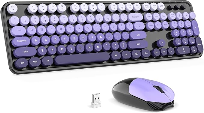 Wireless Keyboard and Mouse Combo - GEEZER Black-Purple Full-Sized Colorful Keyboard 104 Keys - USB 2.4 G Receiver Plug Play with Round Keycap Typewriter Keyboards, for Windows, PC, Laptop, Desktop