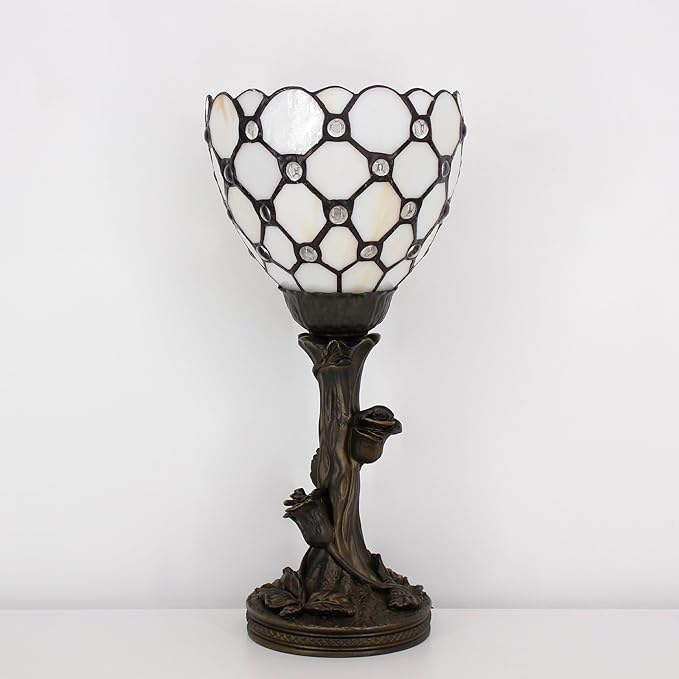 Small Tiffany Lamp Mini Stained Glass Table Lamp Cream Bead Accent Desk Uplight W6 H13.5 Inch Bronze Resin Base