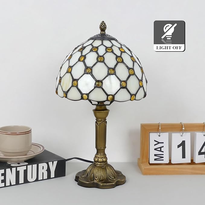 Tiffany Style Table Lamp Beige Beads Vintage Bedside Table Light Desk Lamps Accent Small Lamp 14" Tall 8" Wide Reading Lamp with Color Changing LED Bulb