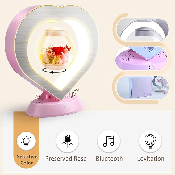 LoveLin Heart Preserved Rose Flowers with Bluetooth Speakers, 5W Pink Magnetic Levitation Table Lamp with Variable Color LED Light, Unique Forever Flower Gift for Women, Girls, Mother and Grandma